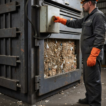 Man worker operating industrial baler machine to compress cardboard waste. Factory employee managing recycling equipment for paper trash compacting. Industrial processing technology.