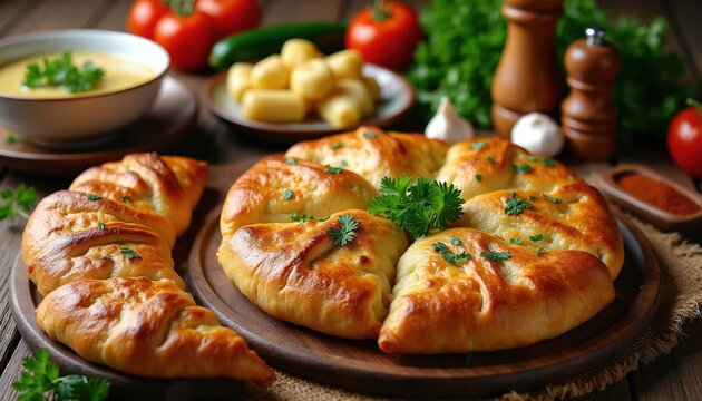 Georgian meal featuring Imereti khachapuri, khinkali dumplings, and kharcho soup. Fresh tomatoes, garlic, and herbs garnish the wooden table. This delicious spread is ready to serve.