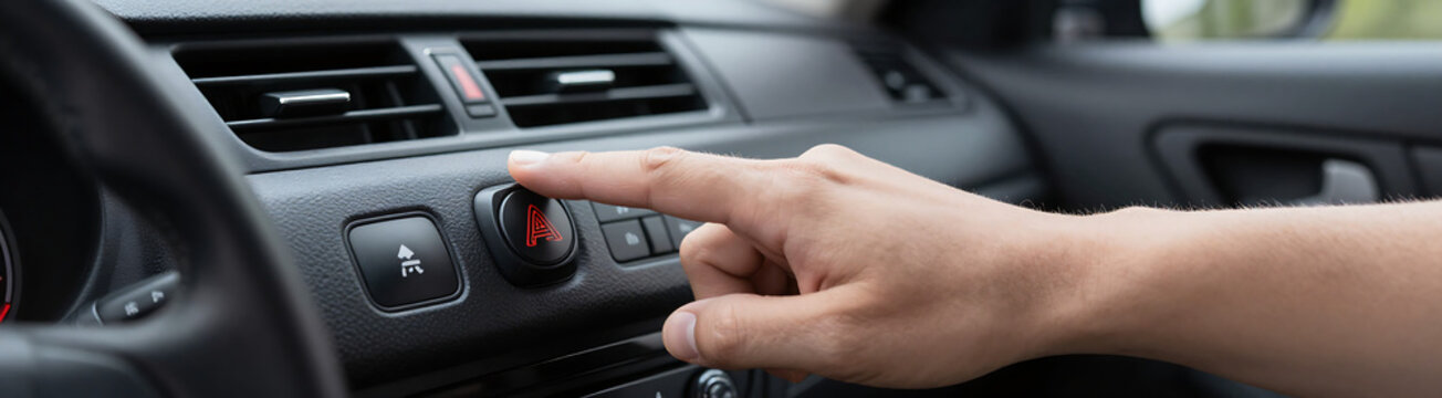 driver hand reaches press hazard warning flasher button vehicle dashboard shot soft overhead natural