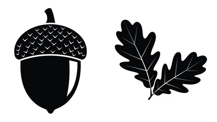 Obraz premium Black and white illustration of an acorn and oak leaf silhouette