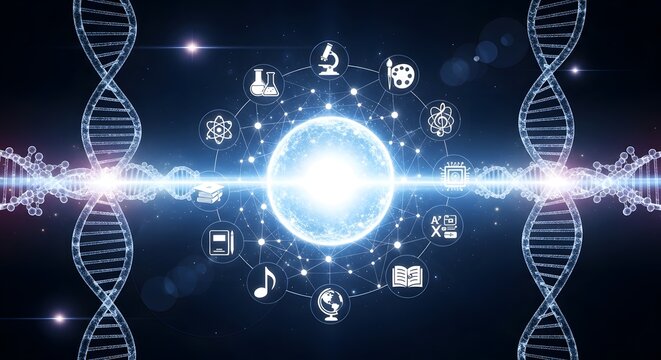 Glowing globe with educational icons and dna double helix structures