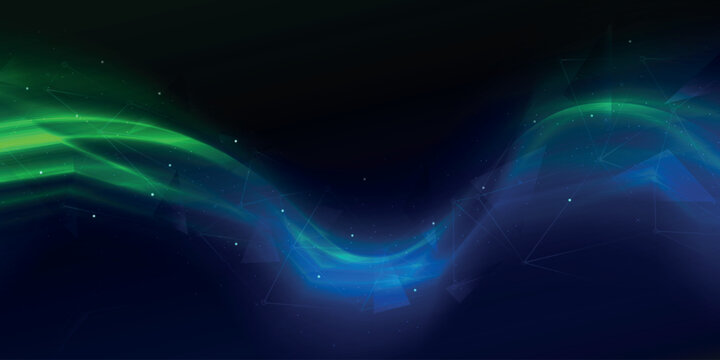 Flowing blue and green waves with luminous geometric accents