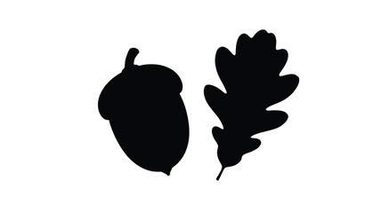 Black silhouettes of an acorn and oak leaf against a white background silhouette © Md