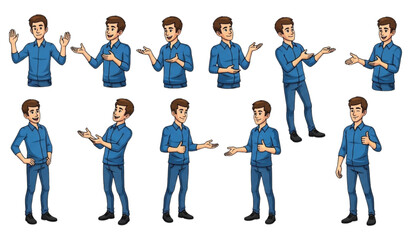 Fototapeta premium Cartoon young man in blue shirt and jeans half turn view with expressive gestures and pose variations in playful vector style on white background