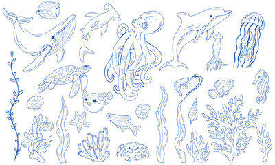 Obraz premium Marine animals blue line art vector collection