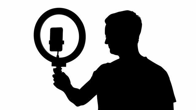 Black silhouette vector of a person recording video with ring light