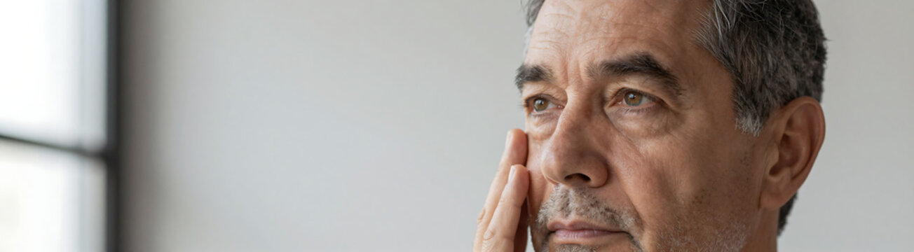 american male contemplative facial expression illuminated soft natural light sharp focus portrait
