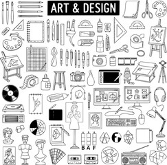 Fototapeta premium Creative Art Design Tools Objects Collection: Hand-Drawn Icons for Illustration, Photography, Fashion, and Music Projects