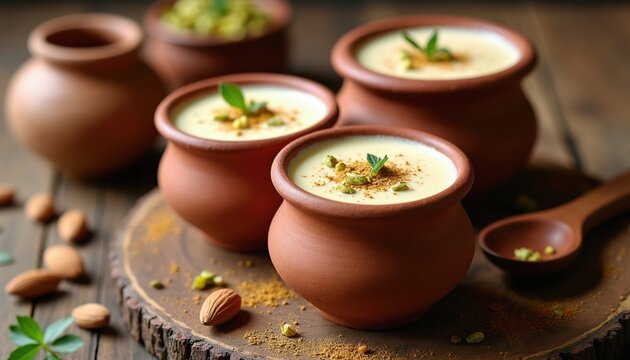 Creamy lassi drink in traditional clay pots, garnished with pistachios and mint leaves. Almonds and spices scattered on wooden board. Refreshing Indian beverage.