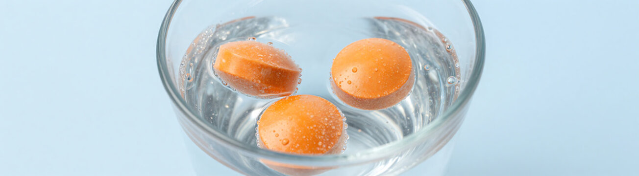 pair bright orange effervescent vitamin tablets disintegrating rapidly clear glass filled fresh sparkling water soft