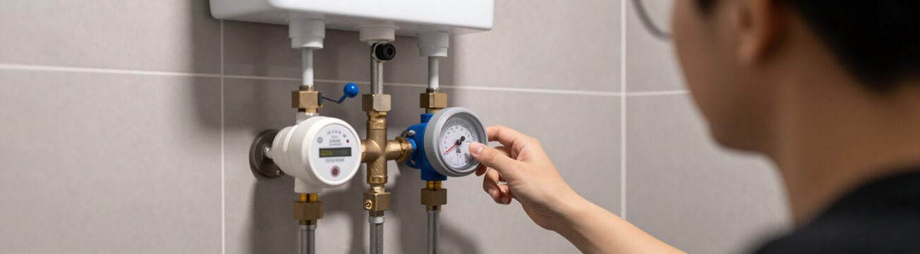person checks hot water temperature reading plumbing manifold situated adjacent water meters modern apartment