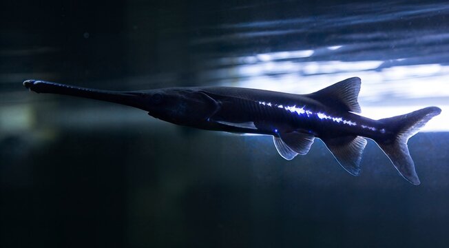 American paddlefish swimming in dark water with glowing light reflection on body prehistoric fish