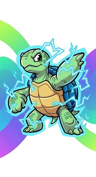 Electric turtle with glowing lightning bolts around it on abstract wavy background.