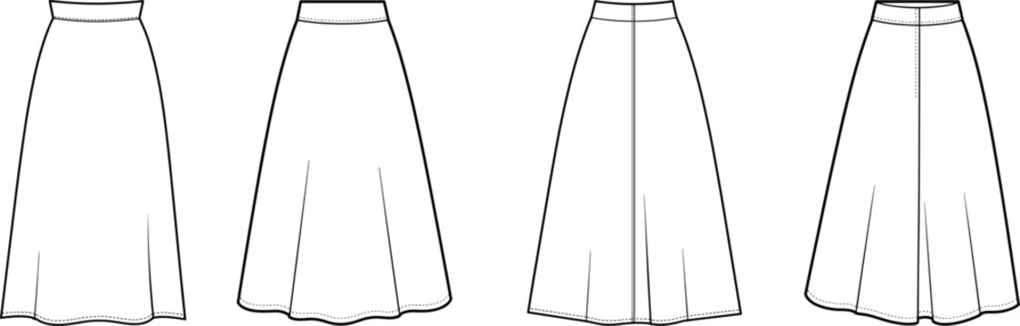 Elegant women&rsquo;s A-line midi skirt set, front and back views, high waist design, flowing silhouette apparel template &ndash; vector illustration