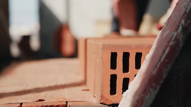 Worker carrying hollow bricks during construction close up