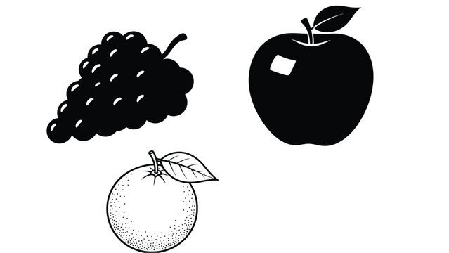Black fruit illustrations featuring grapes an apple and a pear silhouette