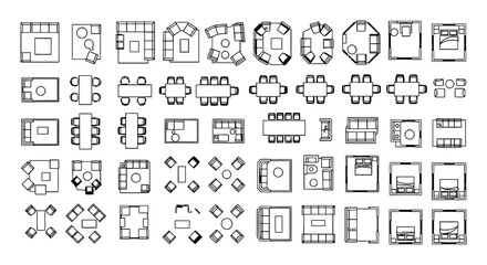 Obraz premium top down view of architectural furniture and interior design elements floor plan symbols