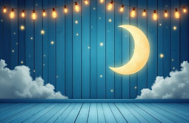 Naklejka premium Enchanted night sky with glowing moon and stars over blue wooden planks. Soft clouds drift by, illuminated by warm string lights. Peaceful and magical dreamlike background for children and babies.