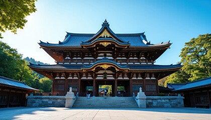Obraz premium Traditional Japanese temple with tiered roofs, ornate gold trim stands under clear blue sky. Green trees surround ancient wooden structure. People walk up stone stpic toward serene building. Exterior
