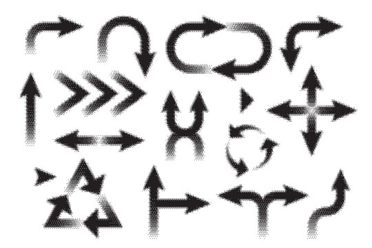 Collection of black arrow icons indicating various directions and movements in pixel style.