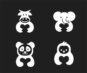 Obraz premium Minimalist animal icons set with heart shapes: cow, elephant, panda, and penguin illustrations on black background.