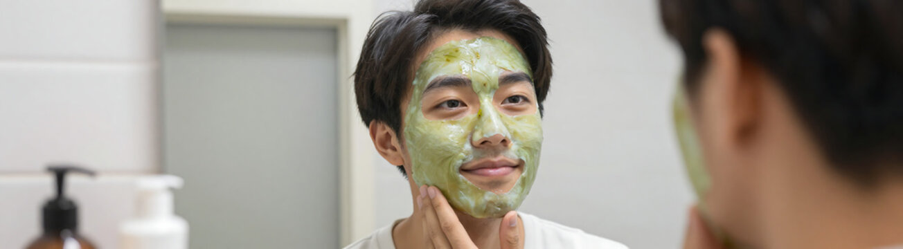 young asian male contented expression smiles wearing green tea face mask situated bathroom soft focus