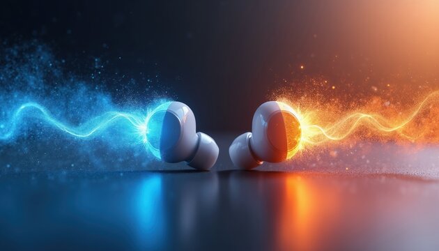 Two wireless earbuds emit contrasting blue and orange energy waves. Digital sound collision abstract art shows futuristic tech and audio connection. Vibrant particles flow with music.