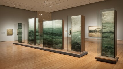 Fototapeta premium Layered Abstract Art Installations Displayed in a Modern Museum Gallery