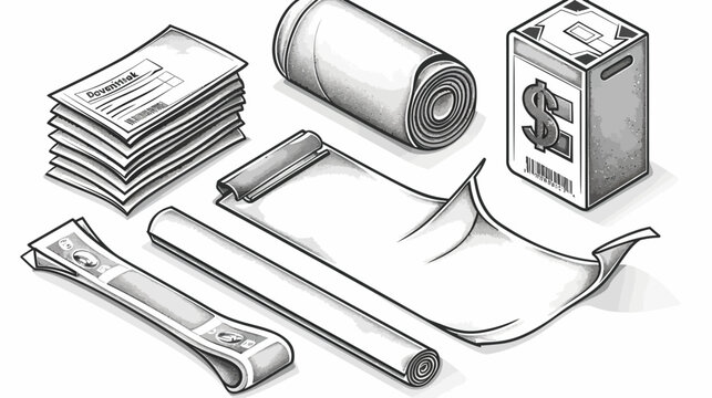 A grayscale isometric illustration depicting office supplies, cash, and money-related items