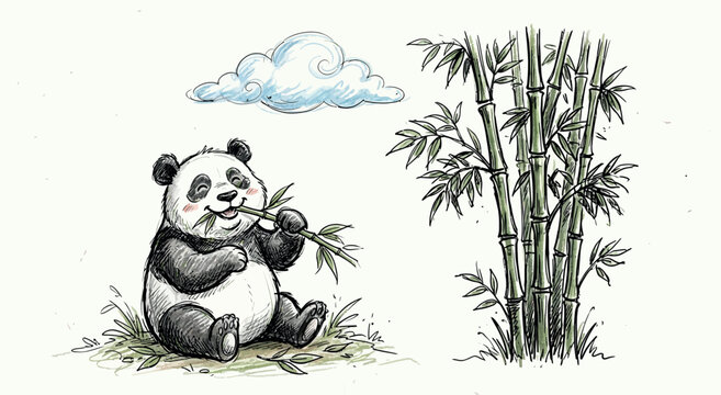 A hand drawn vector art panda sitting under a cloud eating bamboo shoots in a serene natural landscape.