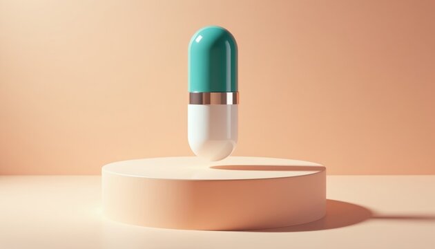 Minimalist teal and white capsule on peach pedestal. Clean product mockup for health, beauty, or pharma. Elegant design for advertising campaigns.