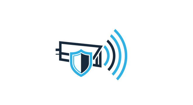 Security camera with shield and signal waves icon.