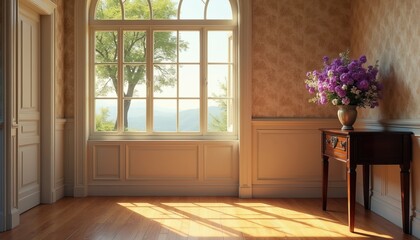 Fototapeta premium Interior room with large window overlooking green trees and mountains. Vase with purple flowers on antique table. Sunlight streams across wooden floor, creating bright, serene atmosphere.