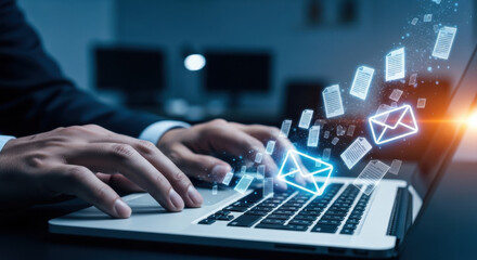 Fototapeta premium Businessman using laptop with digital invoice icons, representing e-invoicing, billing automation, financial technology, online payment, accounting software, ERP system, and paperless finance process.