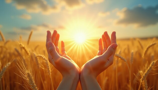 Hands cup bright sun over golden wheat field. Golden hour glow on ripe grain stalks. Farmer blessing of abundance and gratitude. Agricultural scene in warm light.