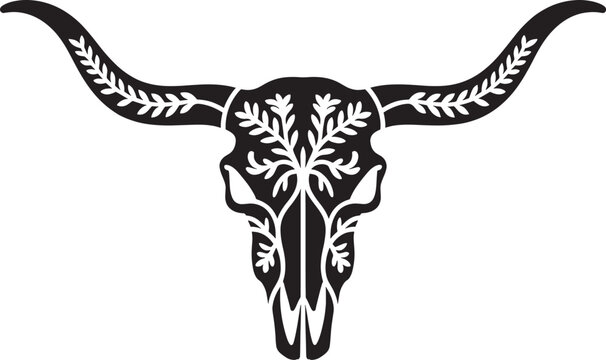 Longhorn bull skull silhouette with decorative leaf patterns on horns and head for southwestern art.