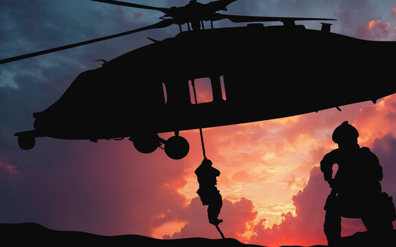Silhouettes of soldiers rappelling from a helicopter against a sunset backdrop. The concept of military operations, rescue missions, and teamwork among soldiers. Army, security, missions