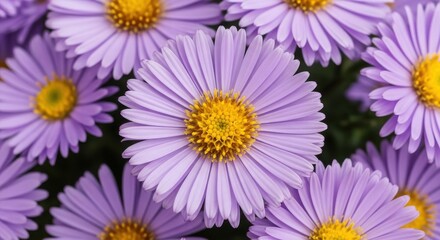 Fototapeta premium Close up of delicate purple asters with vibrant yellow centers in a lush garden setting