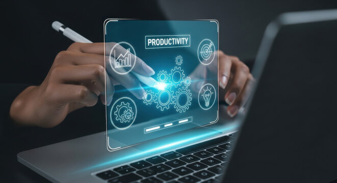 Everyday user interacting with an AI productivity dashboard on a laptop, showing workflow automation, performance optimization, task management, data-driven efficiency accessible to everyone