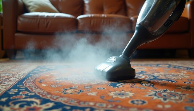 Steam cleaner sanitizes oriental rug surface. Powerful appliance removes dirt deep in carpet fibers, improves home hygiene. Device cleans fabric with hot vapor, leaving it fresh.
