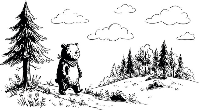 A vector illustration of a hand drawn bear standing on a snowy hill with trees and clouds in a serene landscape art piece.
