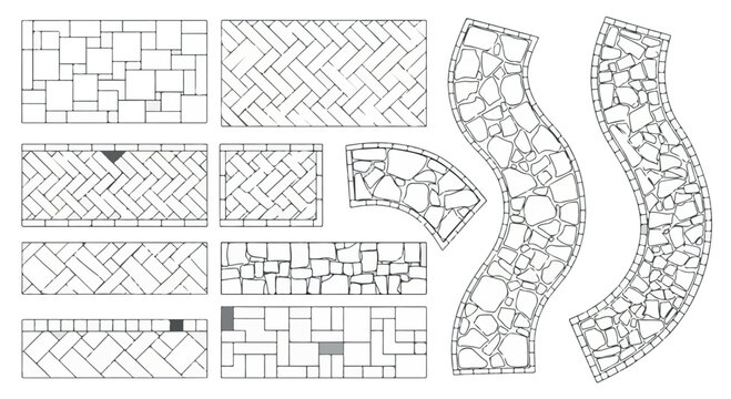 Paving stone patterns and walkway textures, cobblestone path vector set, architectural landscape design elements for garden and patio flooring isolated PNG with Transparent Background