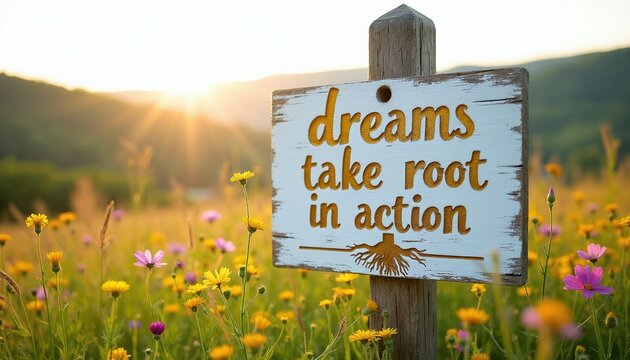 Wooden sign with inspirational text dreams take root in action stands in sunlit wildflower meadow. Message promotes starting ventures and achieving goals.