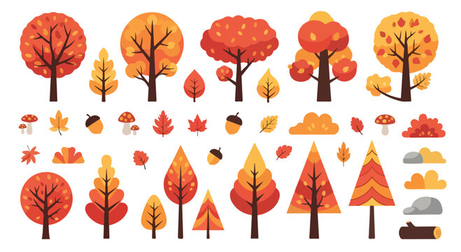 Autumn forest vector elements, flat fall trees and leaves collection, orange and red foliage set for seasonal landscape design isolated PNG with Transparent Background
