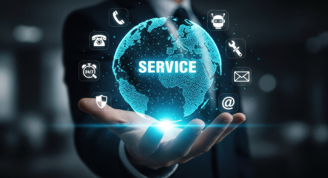 Customer service and support solution, Businessman offering digital support with global communication icons. Contact us page, online helpdesk, 24/7 service, Ai chatbot, email, Ai assistance. 