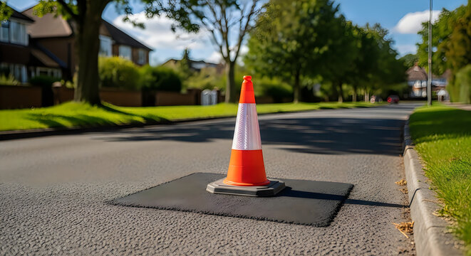 Orange traffic cone on fresh asphalt patch on suburban street