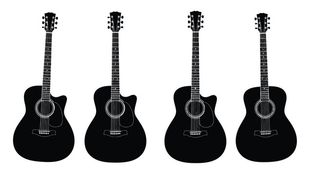 Four acoustic guitars displayed in a striking black silhouette