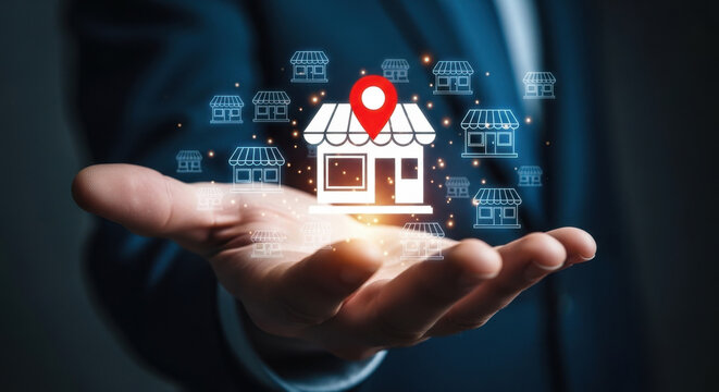 Businessman holding virtual shop icons with location pins. Concept of franchise business expansion, real estate location strategy, retail branch management, and smart marketing investment.