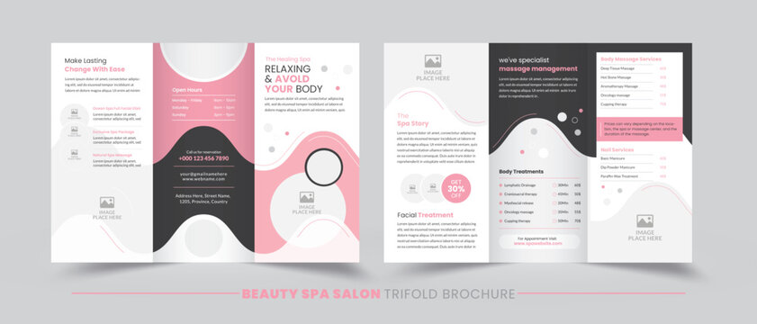 Beauty spa salon trifold brochure with soft pink and grey.