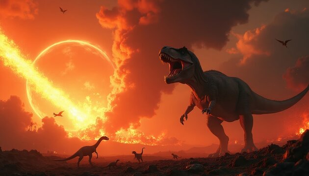 Tyrannosaurus rex and other dinosaurs flee from meteor impact fiery sky. Cataclysmic event ends prehistoric giants reign during global destruction. Orange inferno engulfs ancient world landscape.